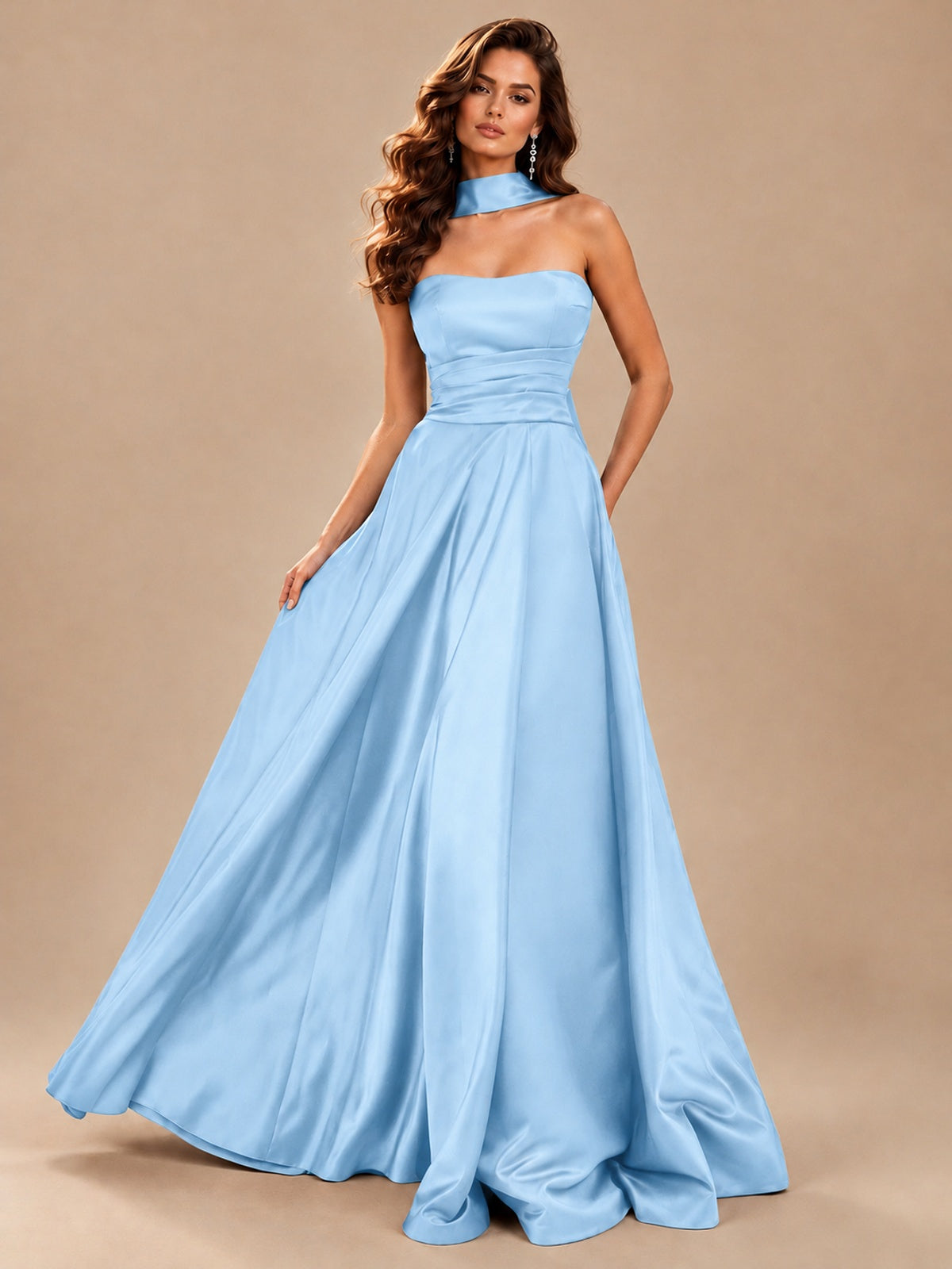 Strapless Prom Dress Side High Slit A-line Formal Dress with Scarf