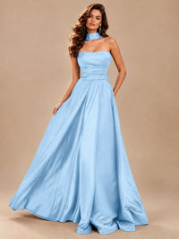 Strapless Prom Dress Side High Slit A-line Formal Dress with Scarf
