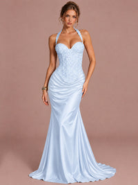 Light Blue Sparkling Halter Corset Satin Mermaid Prom Dress Long Ruched Sequin Formal Gown Evening Party Dress