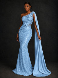 Gold Sequin One Shoulder Mermaid Prom Dress with Cape