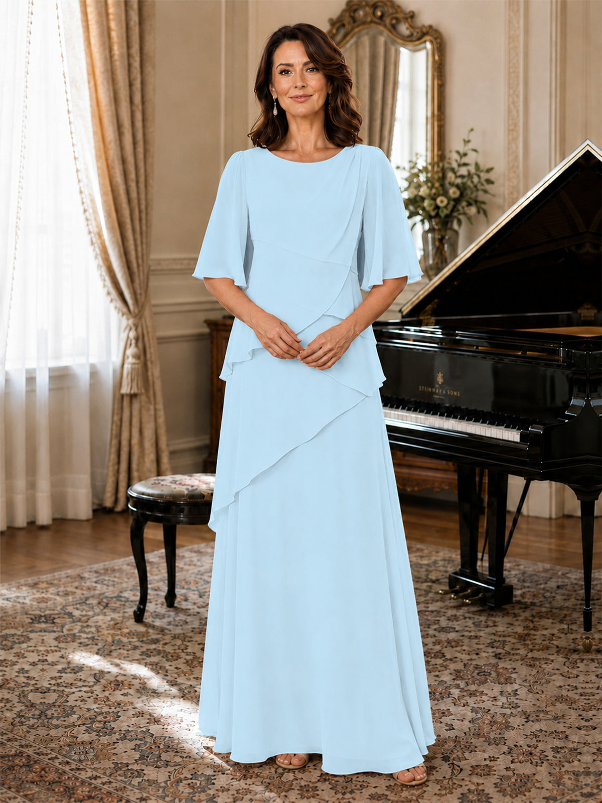 Asymmetric Draped Chiffon Mother of the Bride Dress with Flutter Sleeves