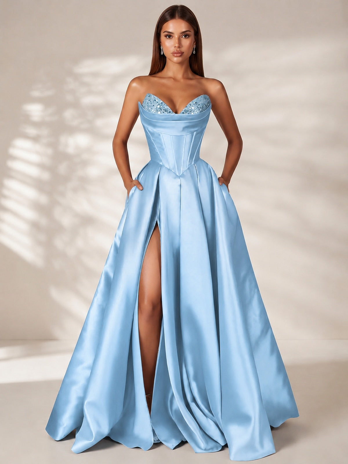 Light Blue Strapless Corset Satin Prom Dress Long Evening Gown with High Slit