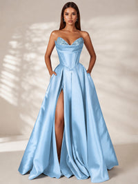 Light Blue Strapless Corset Satin Prom Dress Long Evening Gown with High Slit