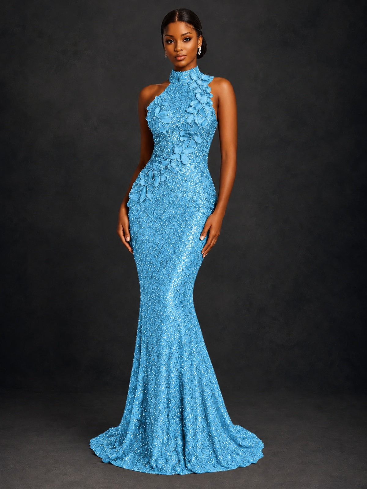 Sparkly Sequin High Neck Mermaid Prom Dress