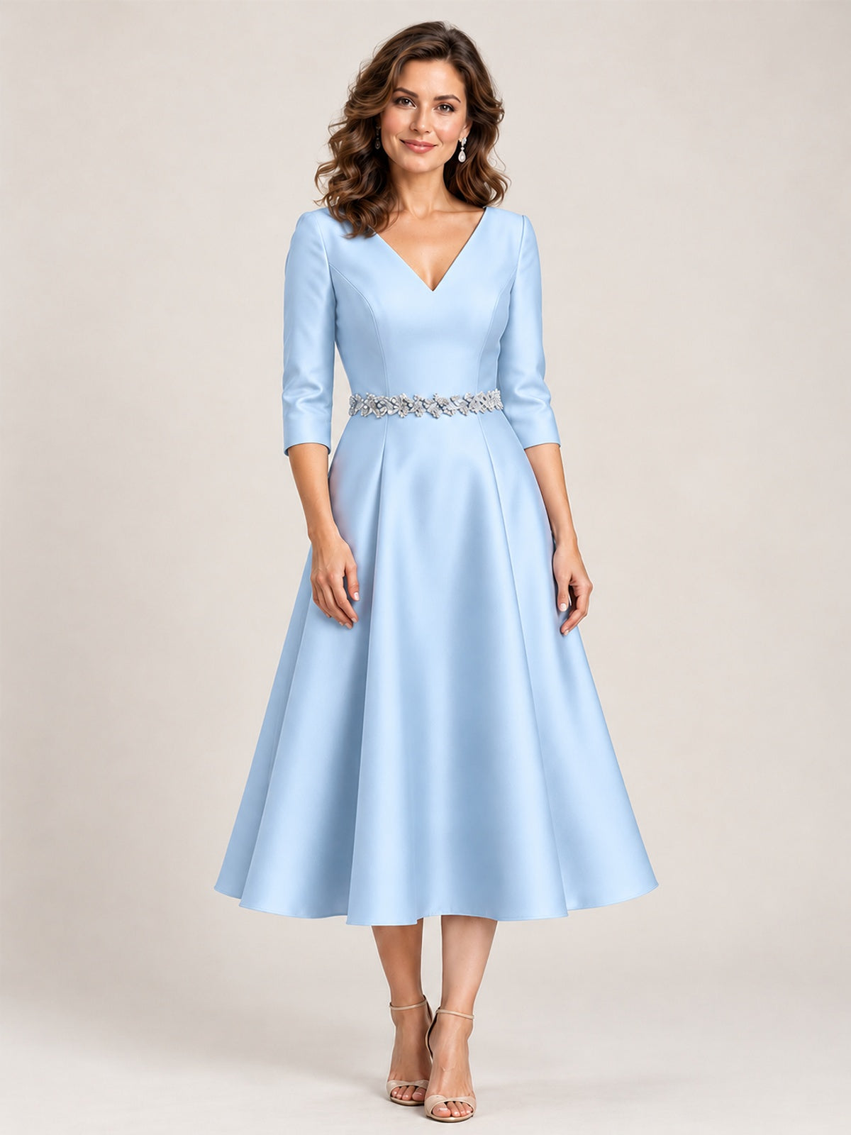 Light Blue V-Neck Tea-Length Mother of the Bride Dress with Embellished Waist