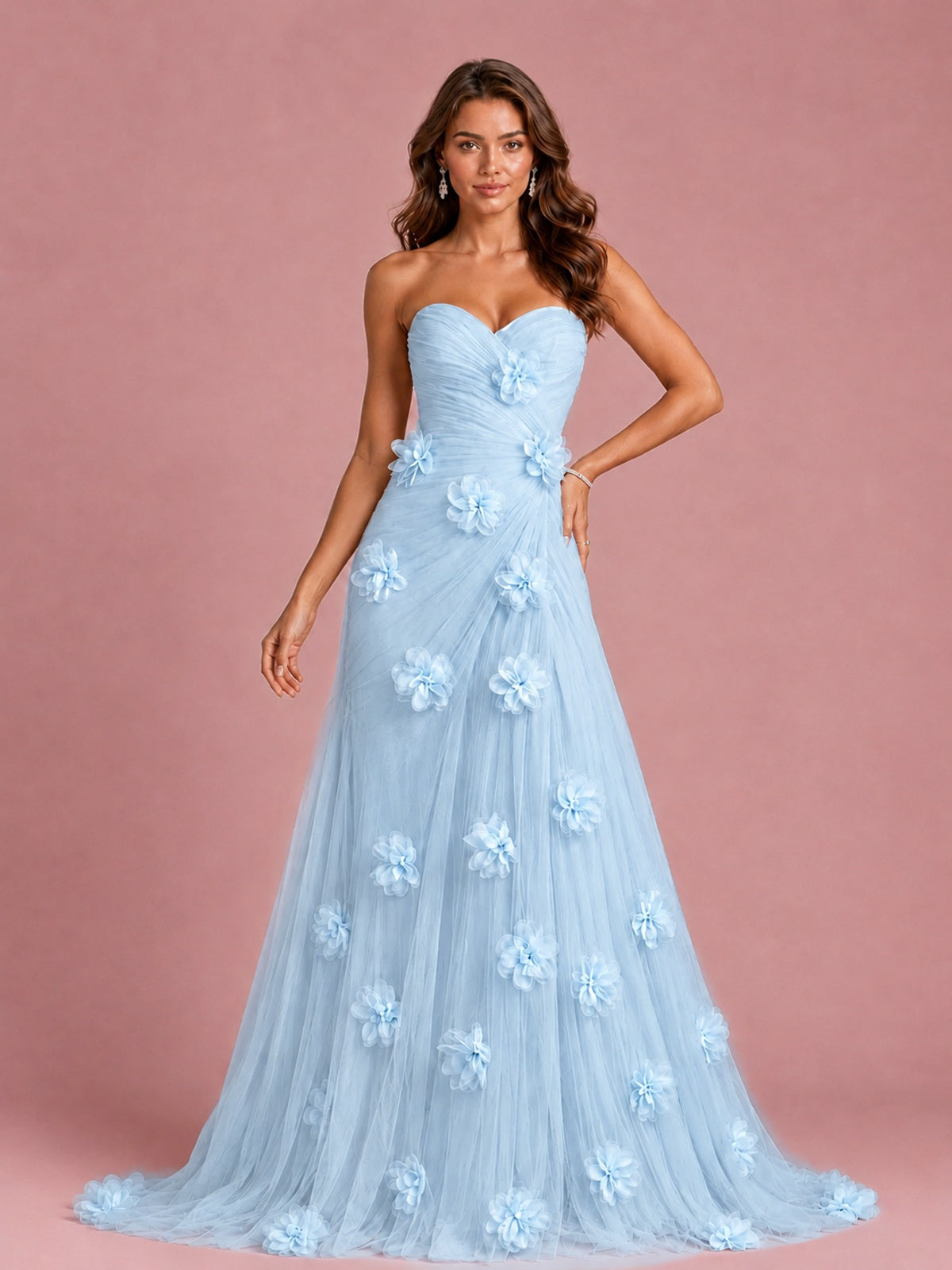 3D Floral Applique Strapless Tulle Prom Dress with High Slit