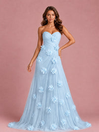3D Floral Applique Strapless Tulle Prom Dress with High Slit