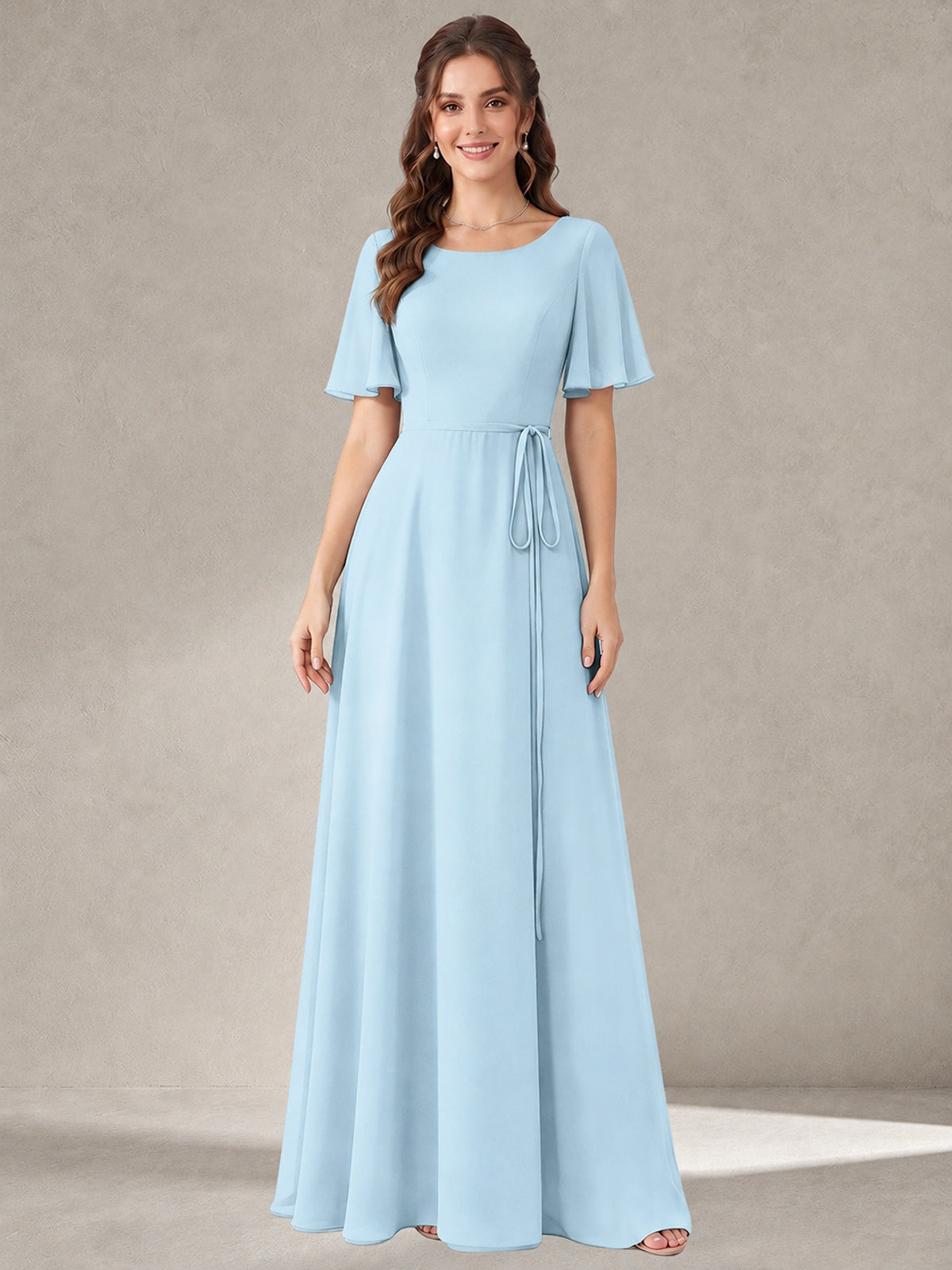 Light Blue Scoop Neck A-line Chiffon Bridesmaid Dress with Belt Flutter Sleeve Formal Wedding Guest Dress Evening Gown