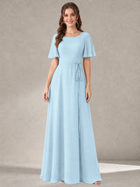 Light Blue Scoop Neck A-line Chiffon Bridesmaid Dress with Belt Flutter Sleeve Formal Wedding Guest Dress Evening Gown