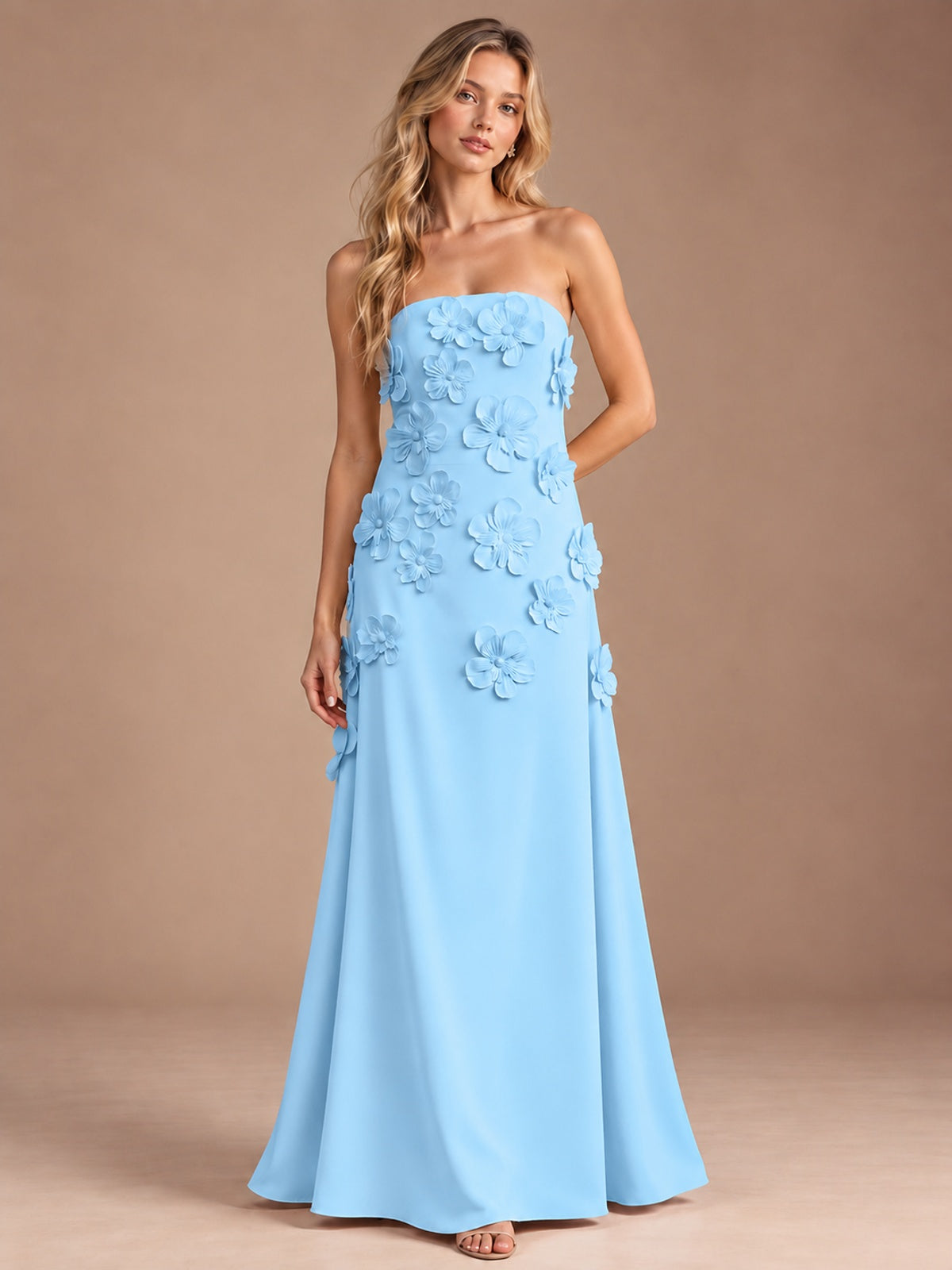 Light Blue-Strapless 3D Floral A-line Satin Prom Maxi Dress Formal Evening Gown
