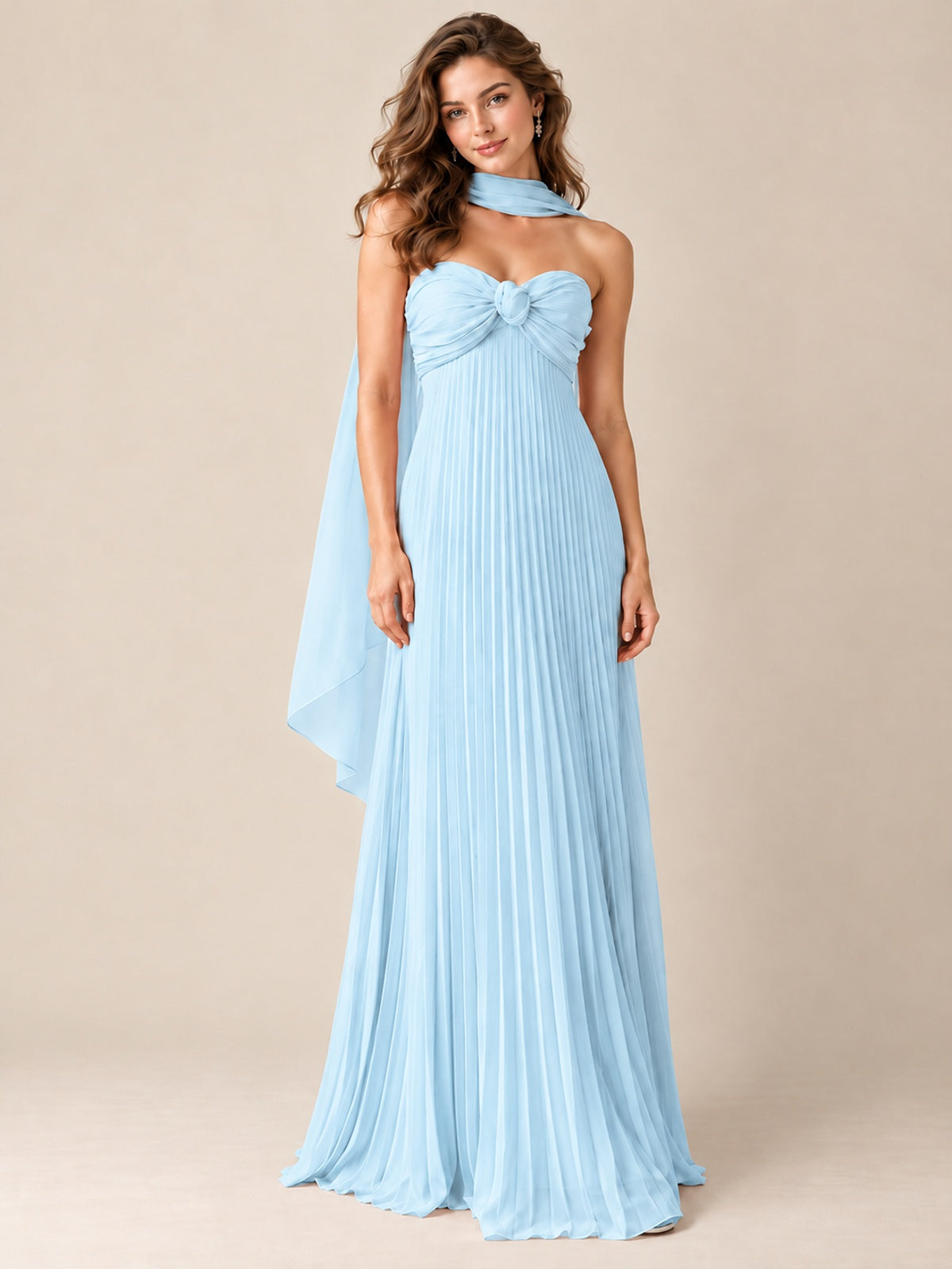 Sweetheart Neckline Pleated Prom Dress Strapless A-line Formal Dress with Flowy Scarf