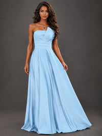 Draped Satin Prom Dress Strapless A-line Formal Dress Floor Length