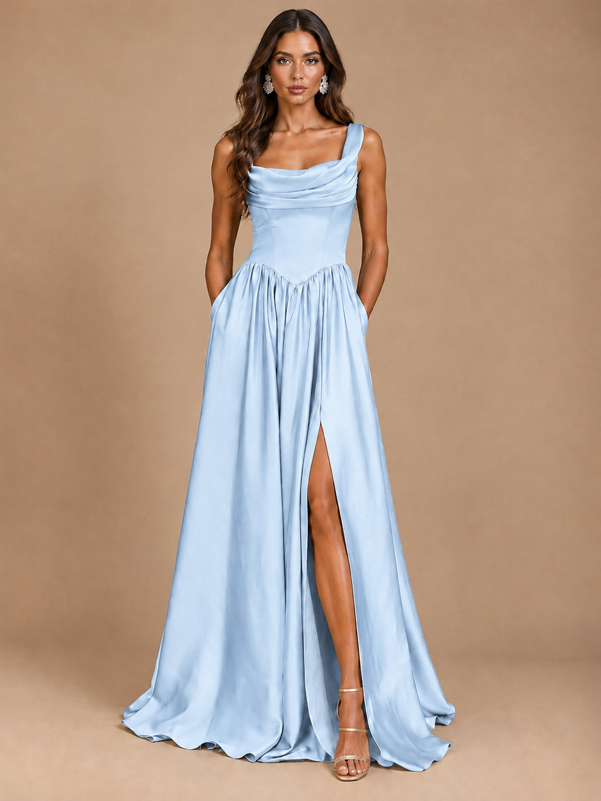 Cowl Neck Pleated Satin Prom Dress with Pockets & Slit Maxi Formal Gowns
