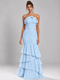 Halter Tiered Mermaid Prom Dress with Sparkly Lace
