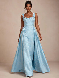 Light Blue 3D Floral Jacquard Prom Dress with Detachable Overskirt Corset Gown