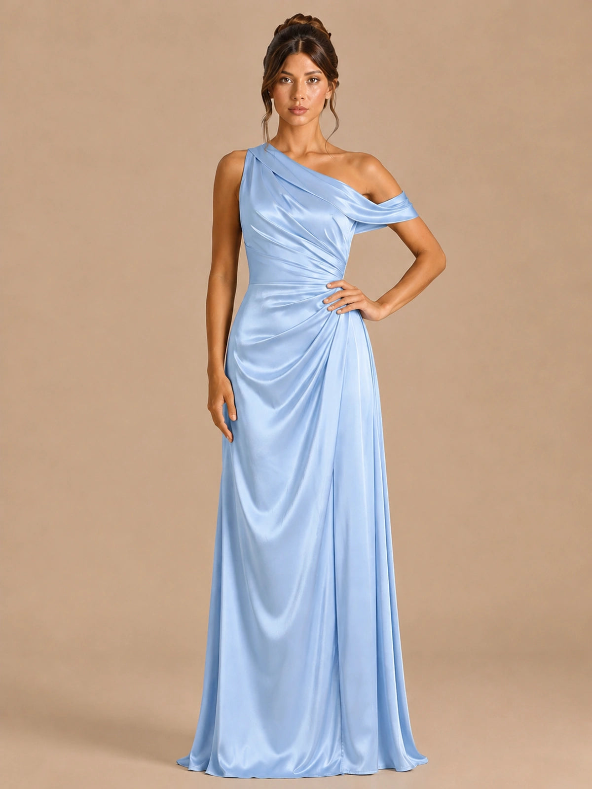 Light Blue-satin one shoulder prom dress ruched long formal gow Jovelle