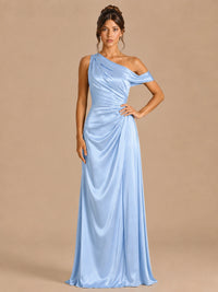 Light Blue-satin one shoulder prom dress ruched long formal gow Jovelle