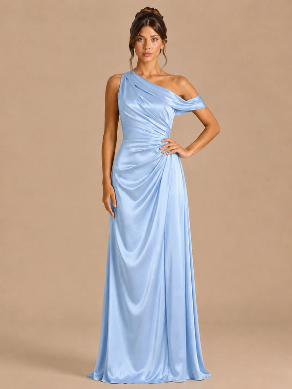 Light Blue-satin one shoulder prom dress ruched long formal gow Jovelle