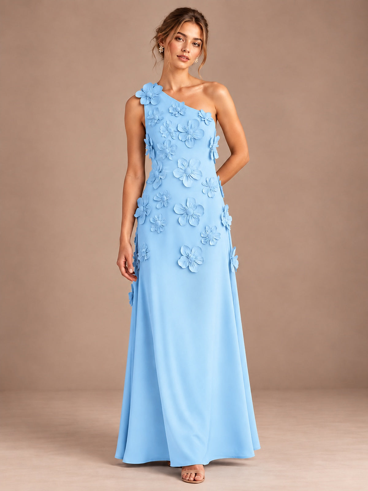 Light Blue- One Shoulder Satin Formal Maxi Dress with 3D Floral