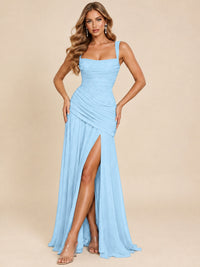 Wrap Pleated Prom Dress Scoop Neck with Slit Women Wedding Formal Dress