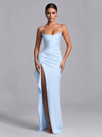 Light Blue Squre Neck Pleated Satin Prom Dresses for Teens Women Long Evening Formal Gown with Slit Ruffles