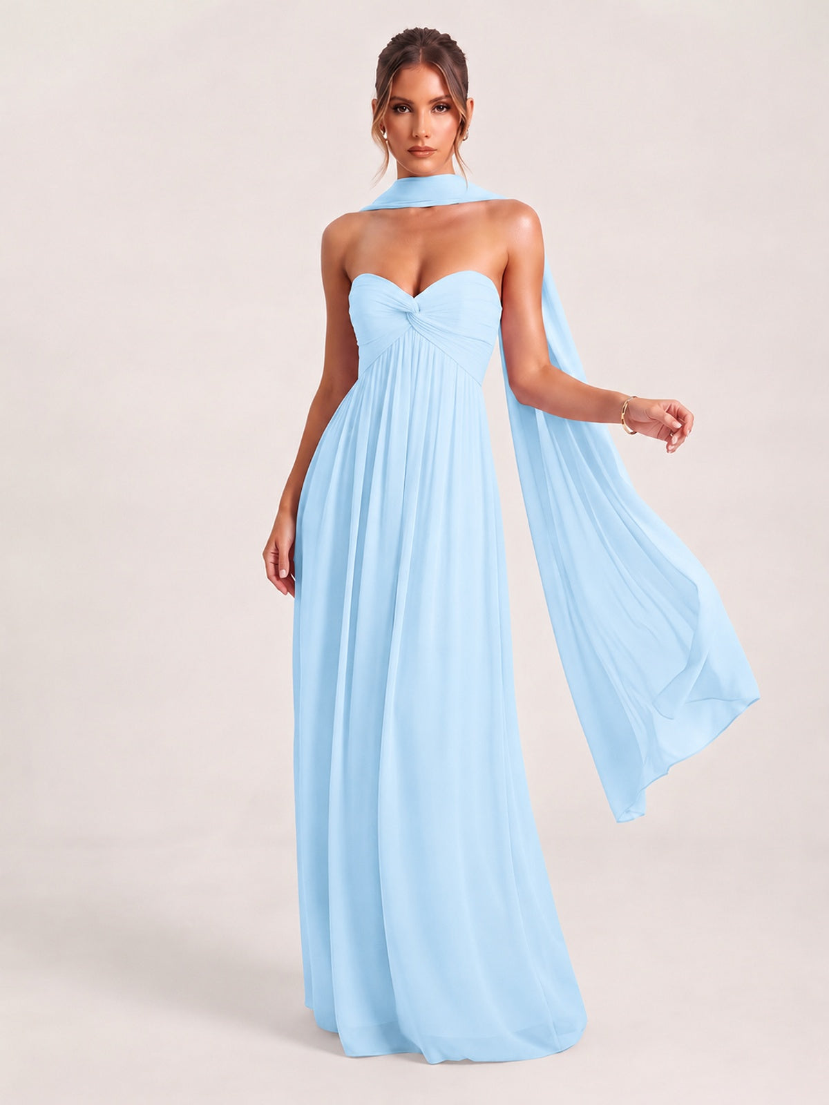Light Blue Strapless Ruched Chiffon Long Prom Dress with Scarf A-line Sweetheart Ruffled Formal Wedding Guest Dress Evening Gown