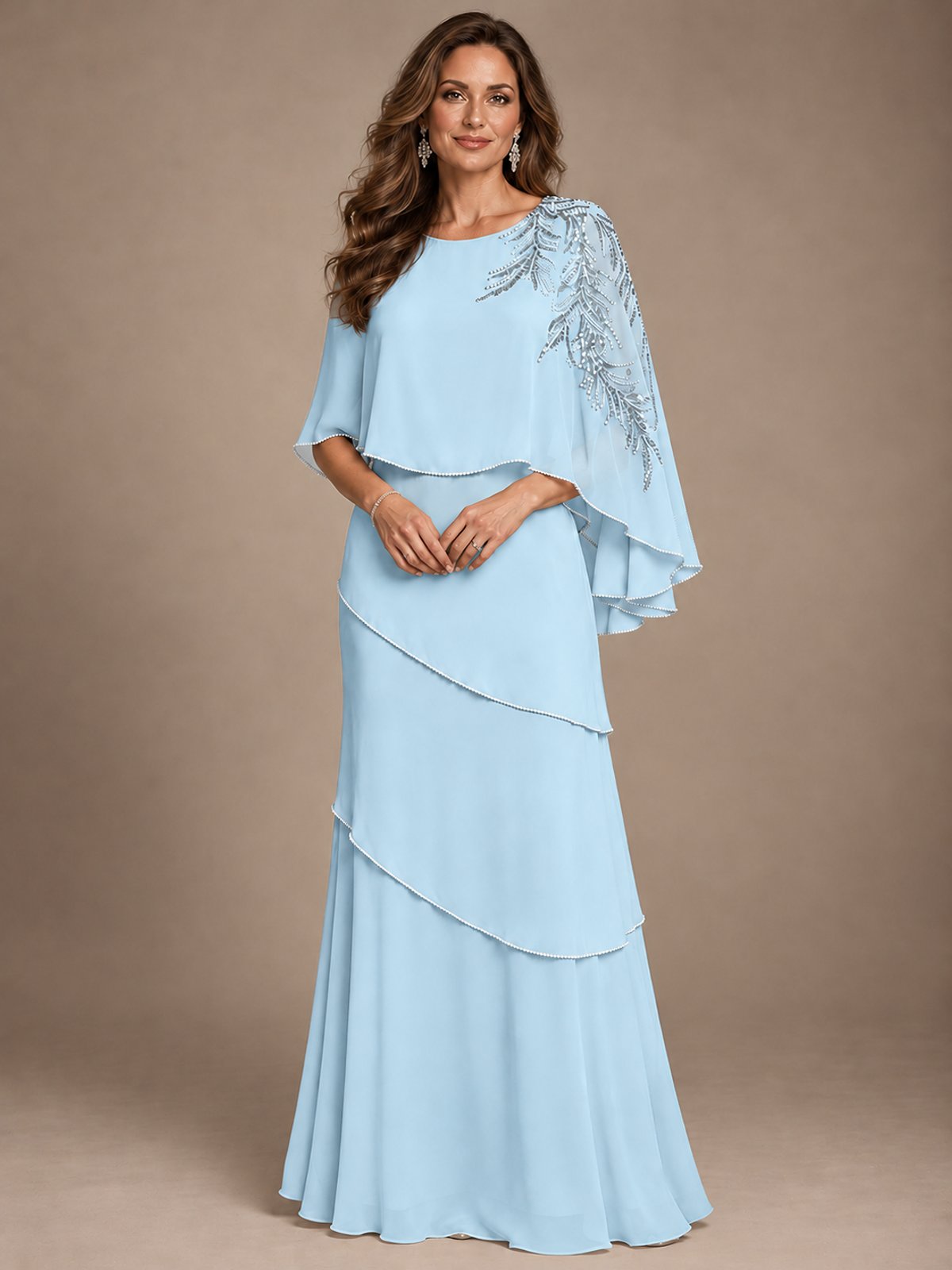 Elegant Chiffon Cape Sleeve Beaded Mother of the Bride Dress