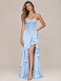 Strapless Lace Appliques Corset Satin Prom Dress Ruffle Slit Evening Gown