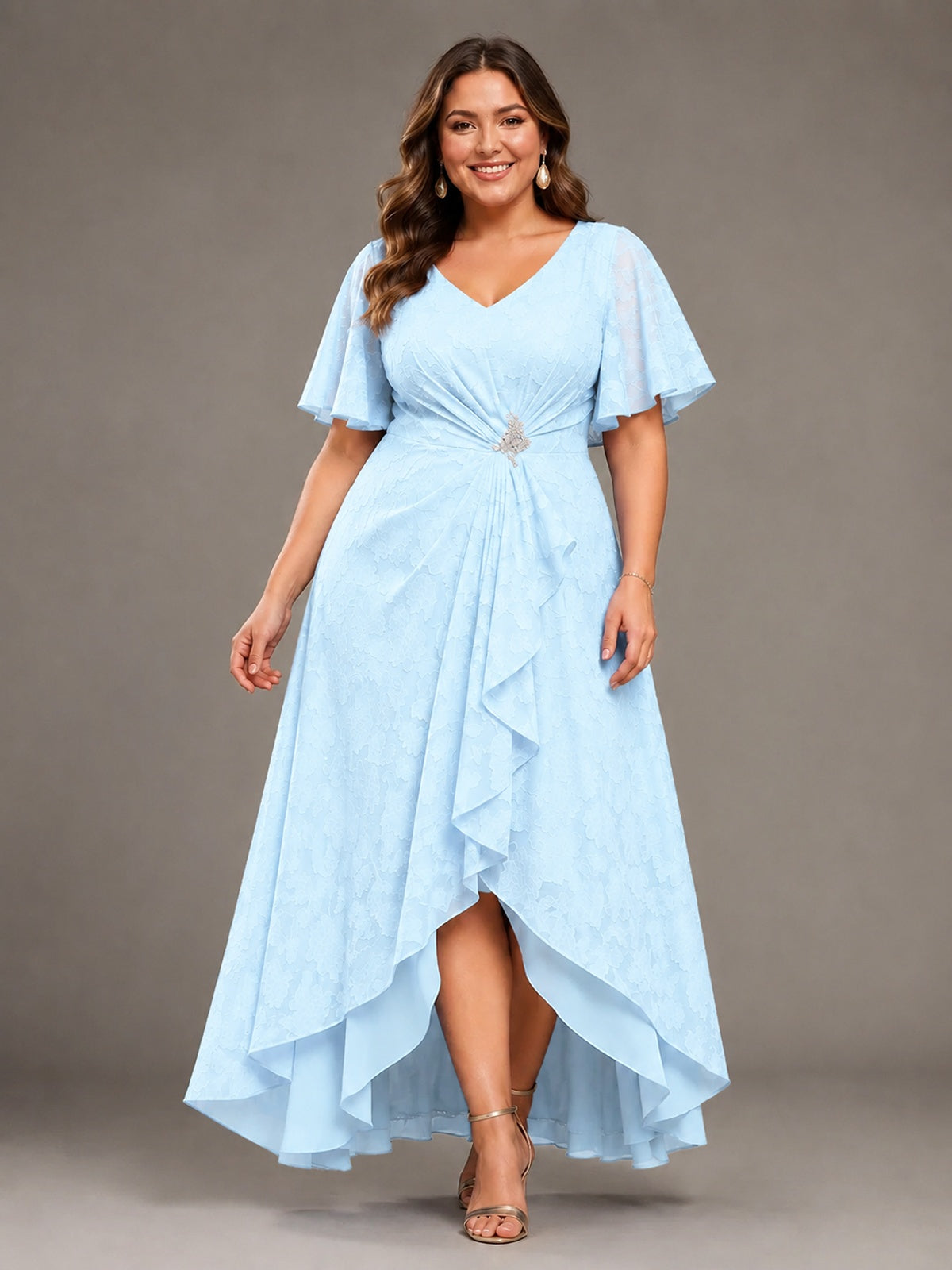 Jacquard Chiffon A-Line V-Neck High-Low Mother of the Bride Dress