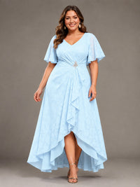 Jacquard Chiffon A-Line V-Neck High-Low Mother of the Bride Dress