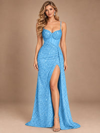 Burgundy Sequin Corset Prom Dress with High Slit
