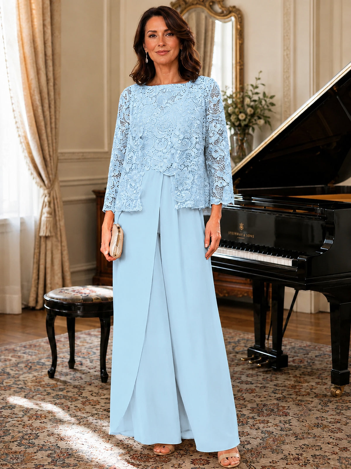 Elegant 3-Piece Chiffon Mother of the Bride Pantsuit with Floral Applique Jacket