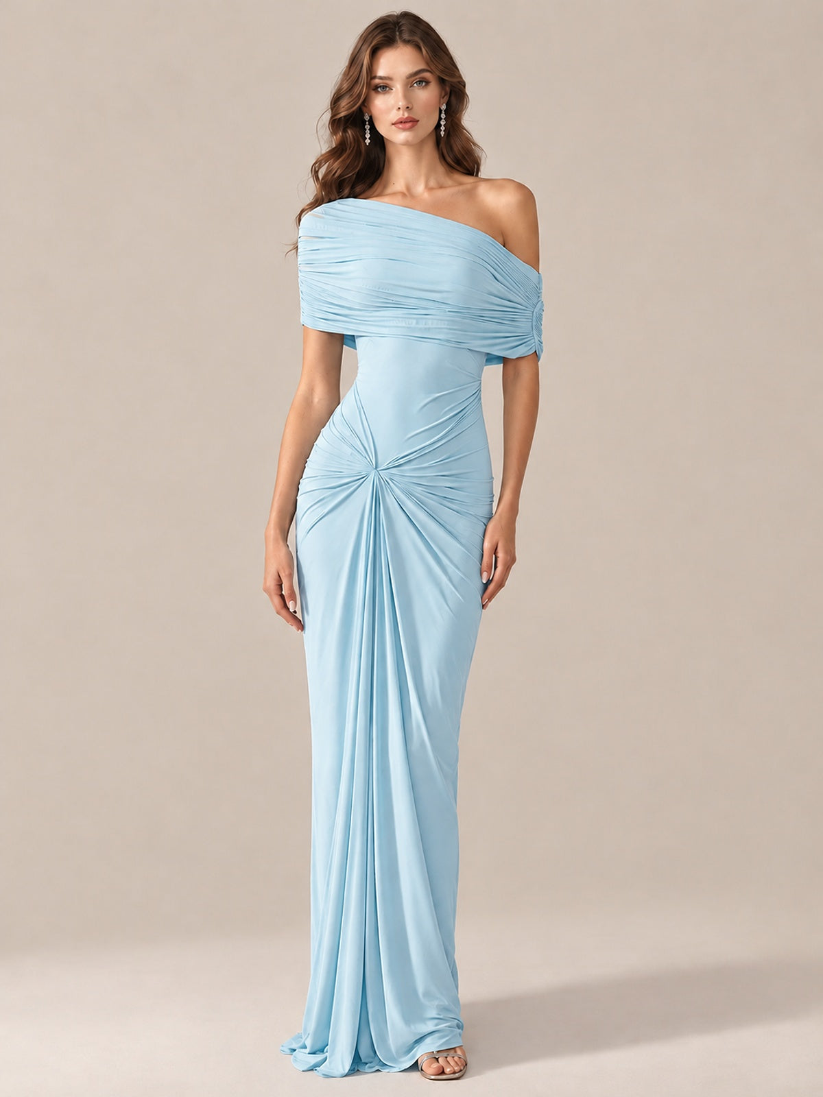 Elegant Draped Off Shoulder Ruched Mermaid Chiffon Formal Evening Gown