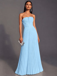 Light Blue Strapless Pleated Satin Prom Dress Long Formal Gown Evening Dress