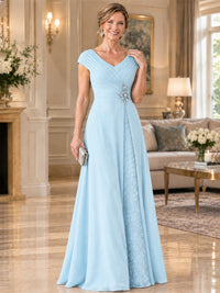 Pleated Chiffon Lace Mother of The Bride Dresses with Beading Cap Sleeves