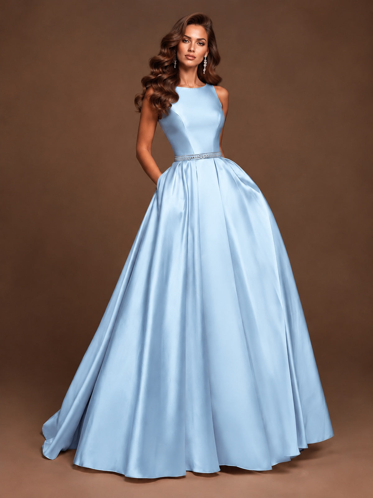 Satin A-Line Prom Dress Sleeveless Beaded Waist Formal Gown with Pockets