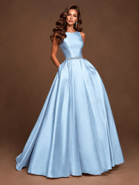 Satin A-Line Prom Dress Sleeveless Beaded Waist Formal Gown with Pockets