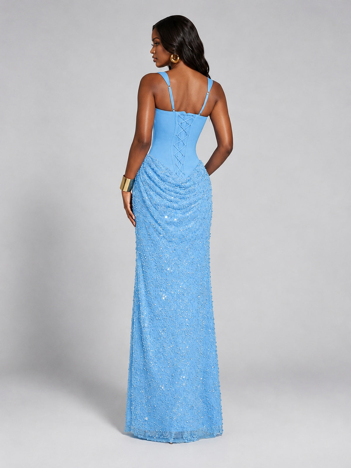 Sequin Corset Mermaid Prom Dress with Square Neck Wide Strap High Slit