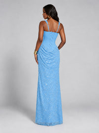 Sequin Corset Mermaid Prom Dress with Square Neck Wide Strap High Slit