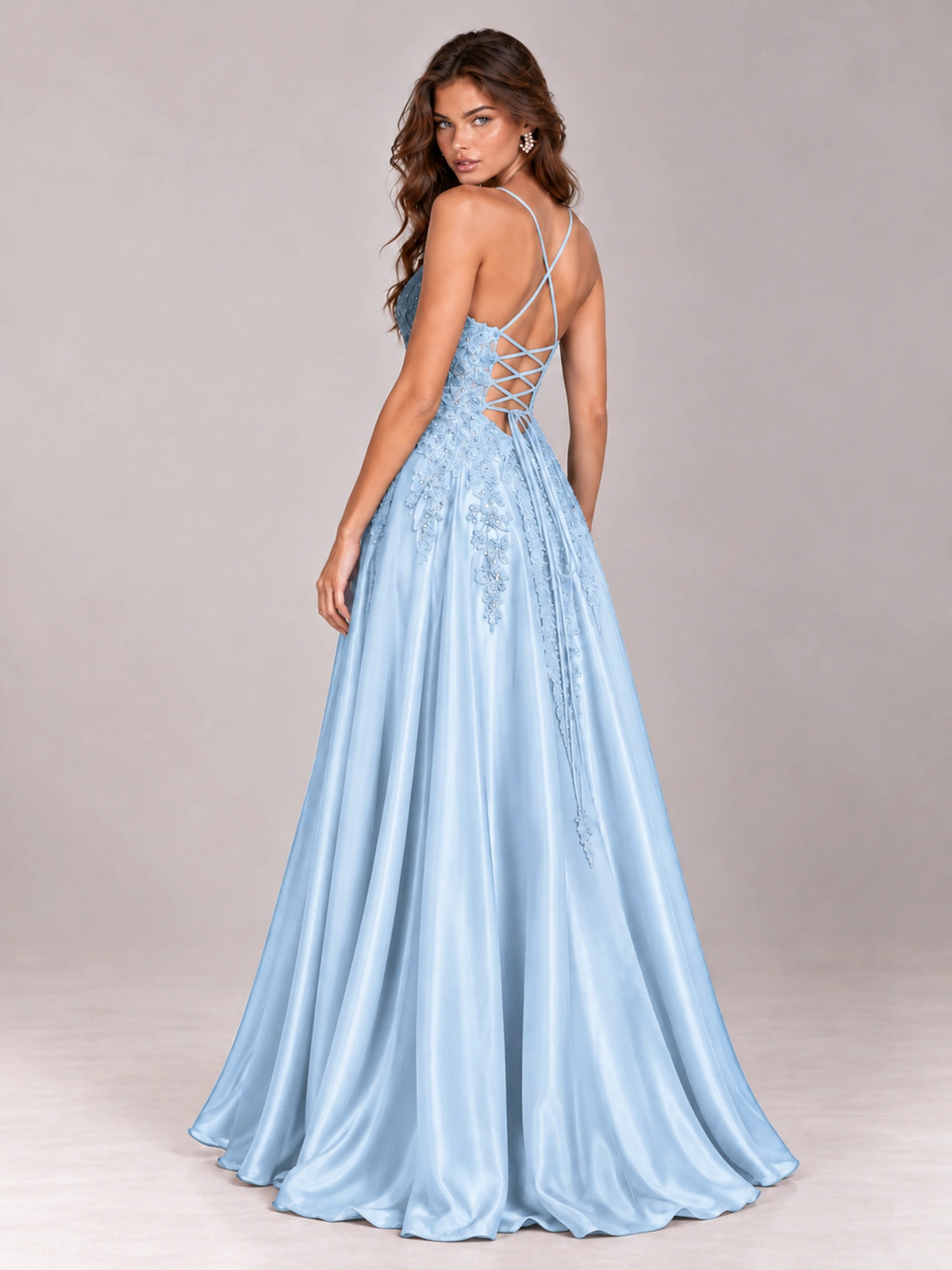 Lace Applique Satin A-Line Prom Dress with Sheer Bodice