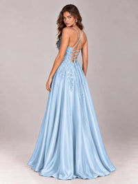 Lace Applique Satin A-Line Prom Dress with Sheer Bodice