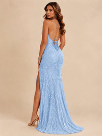 Sequin Lace Appliques Mermaid Prom Dress Spaghetti Strap Formal Gowns with Slit