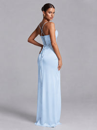 Square Neck Satin Long Prom Dress with Ruffles