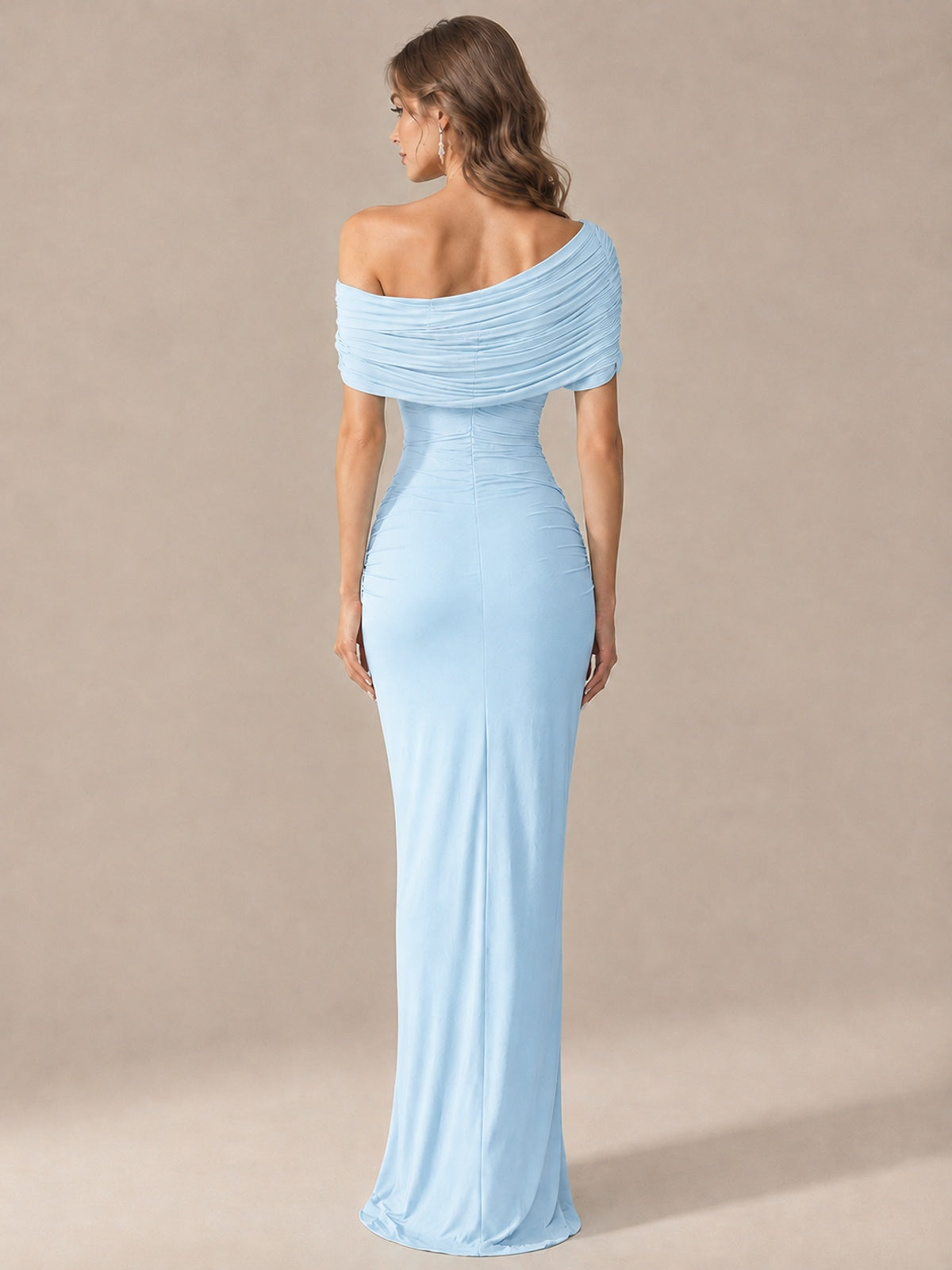 Elegant Draped Off Shoulder Ruched Mermaid Chiffon Formal Evening Gown