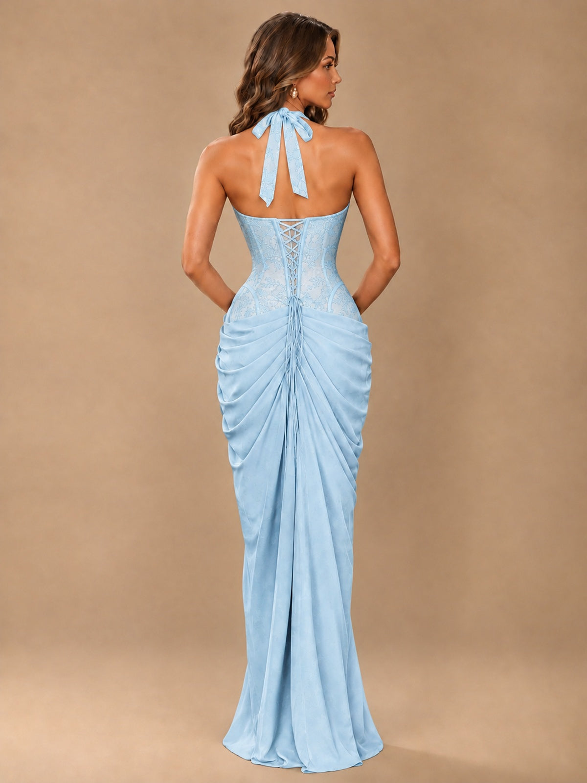 Sweetheart Halter Prom Dress Pleated Lace Floral Formal Dress with Slit