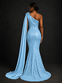 Gold Sequin One Shoulder Mermaid Prom Dress with Cape