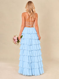 Ruffled Tiered Chiffon Prom Dress Spaghetti Straps Formal Maxi Dress with Slit