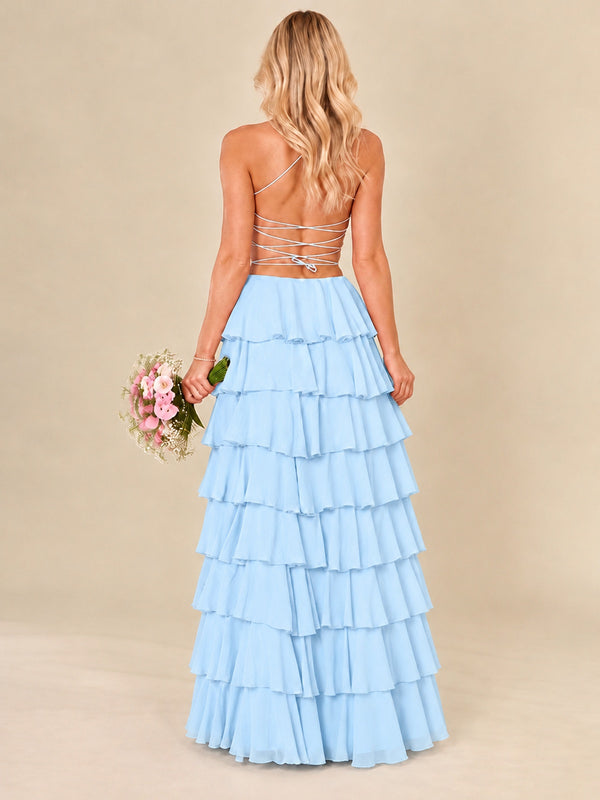 Ruffled Tiered Chiffon Prom Dress Spaghetti Straps Formal Maxi Dress with Slit