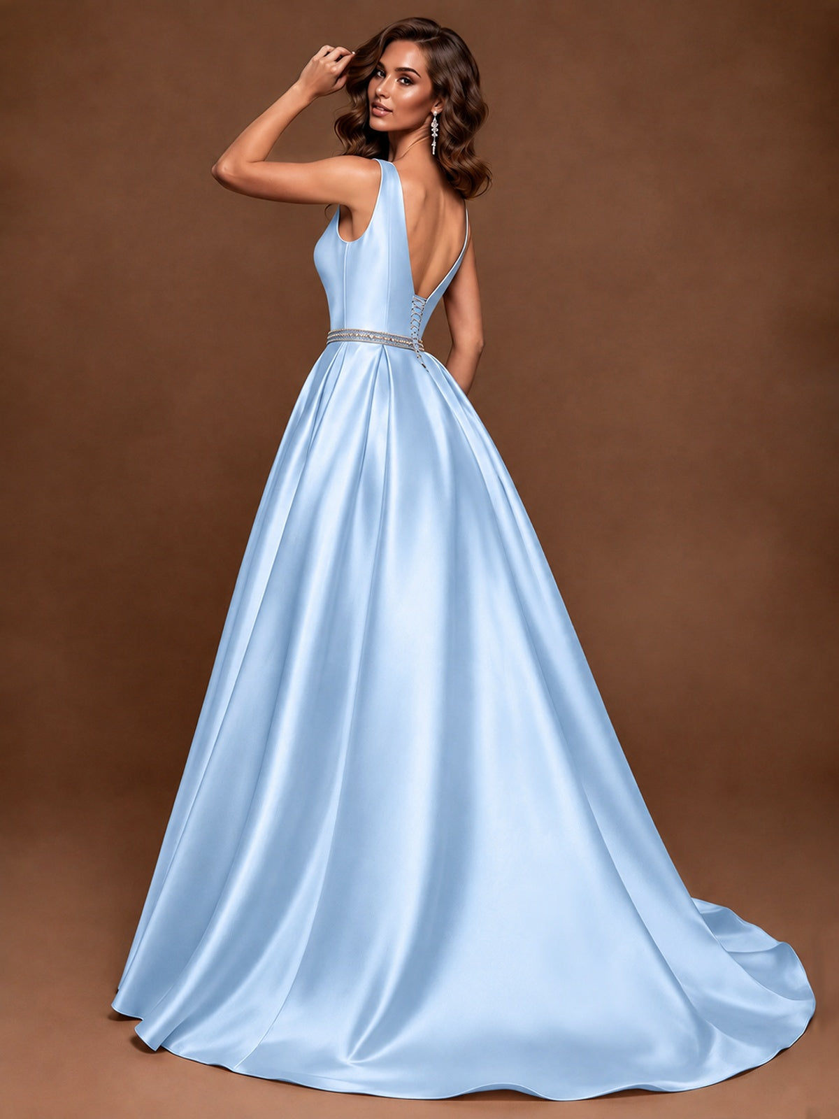 Satin A-Line Prom Dress Sleeveless Beaded Waist Formal Gown with Pockets