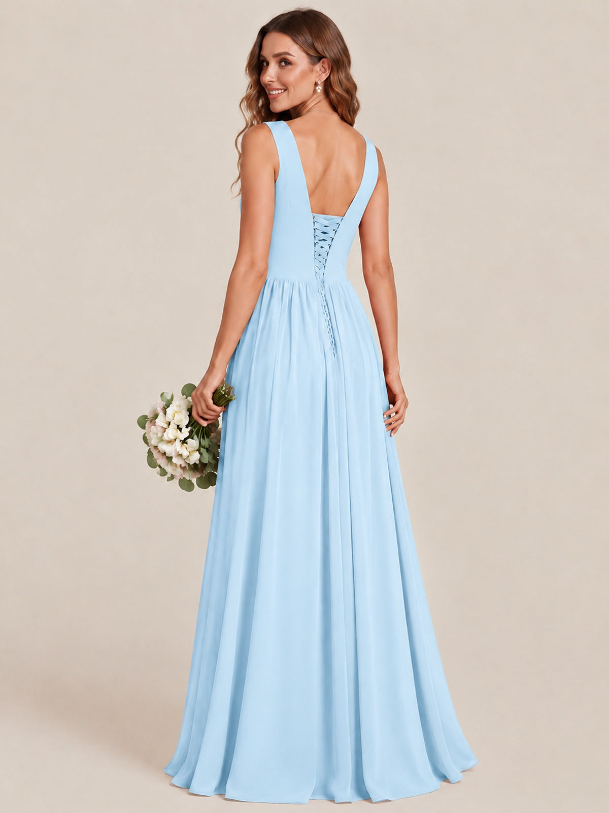 A-line Sleeveless Rucehd Chiffon Bridesmaid Dress with High Slit